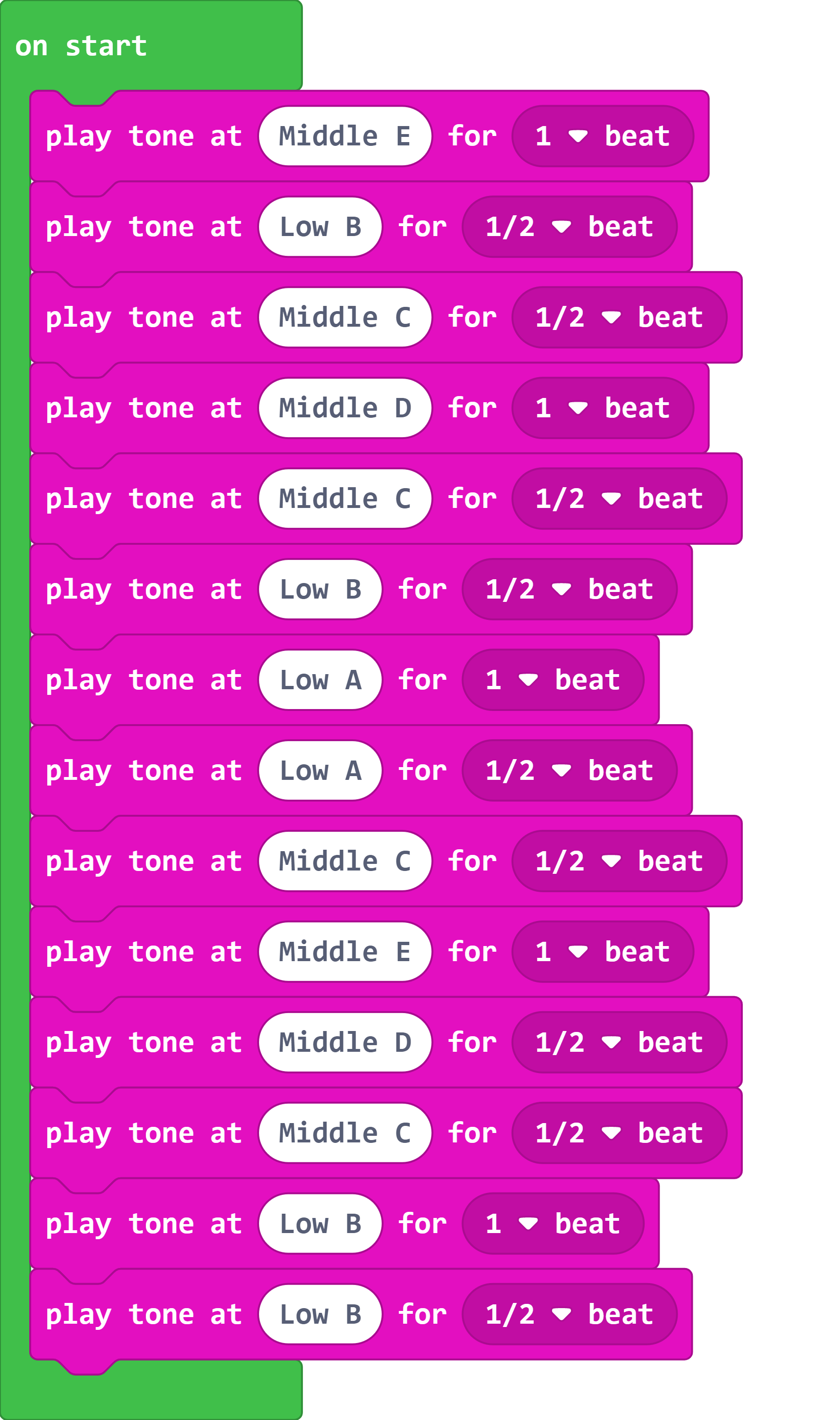 Capture d'écran MakeCode du programme musique